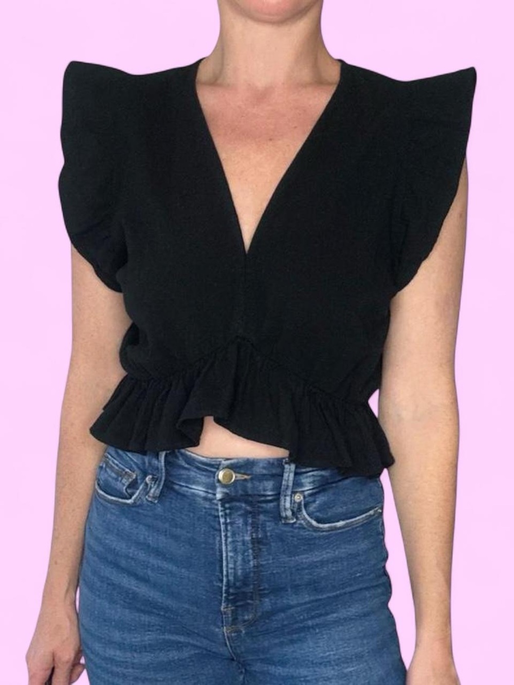 FancyInn Black Ruffle Cropped Casual Blouse